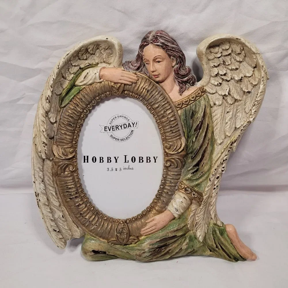 Hobby Lobby Green, Ivory & Gold Angel Figure Oval Picture Frame
